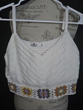 Hollister Cream Crochet-Trim Cropped Tank with Multicolor Granny Squares